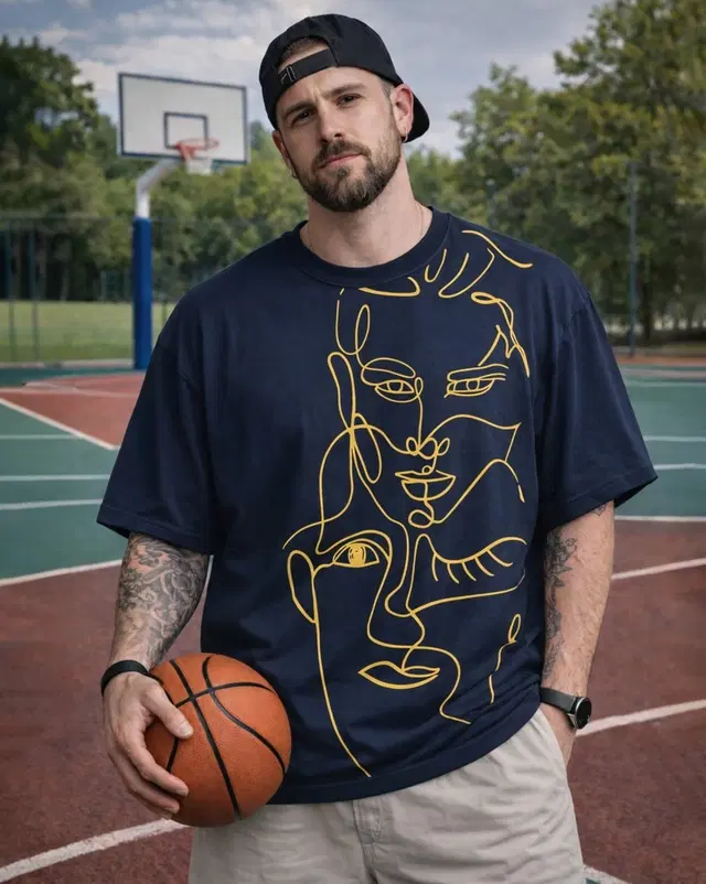Round Neck Printed Poly Cotton T-shirt for Men (Navy Blue, S)