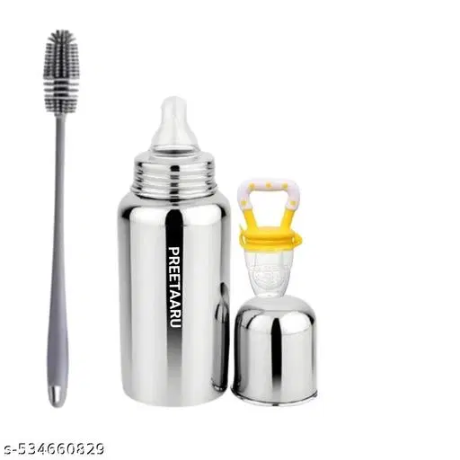 Steel Feeding Bottle, Soft Silicone Fruit Nibbler With Bottle Cleaning Brush