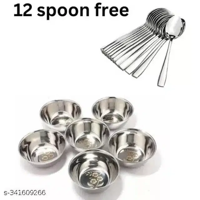 Stainless Steel 6 Pcs Bowls with 12 Pcs Spoon, Silver, Set of 2