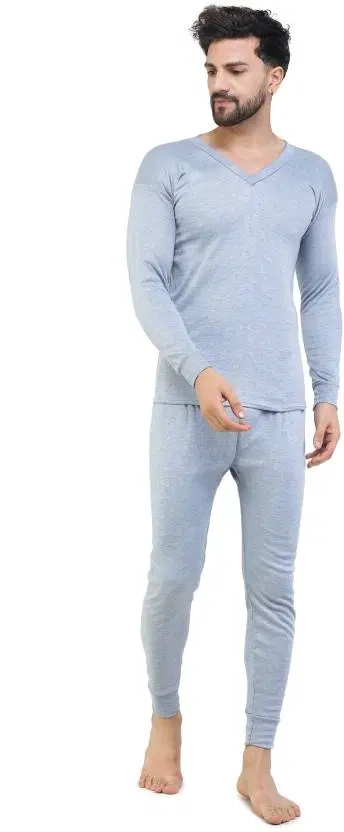Cotton Blend Thermal Set for Men (Light Grey, M)