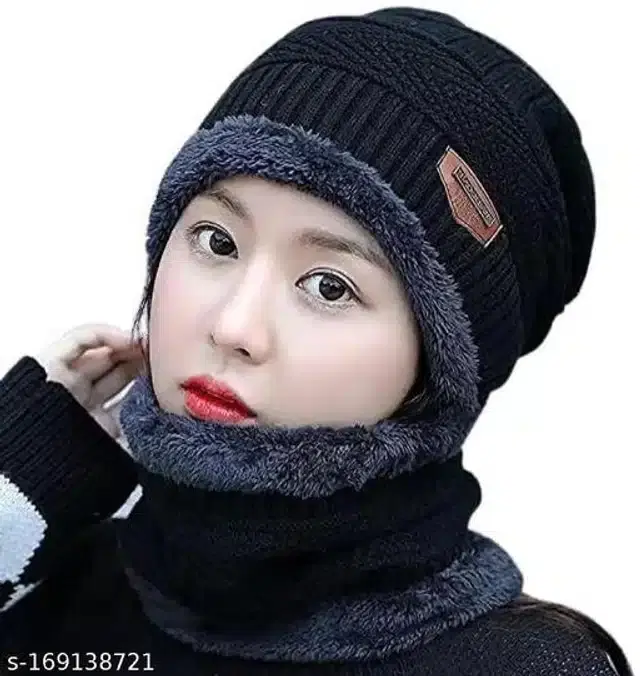 Woolen Winter Beanie Cap with Neck Warmer for Women (Black, Free Size)