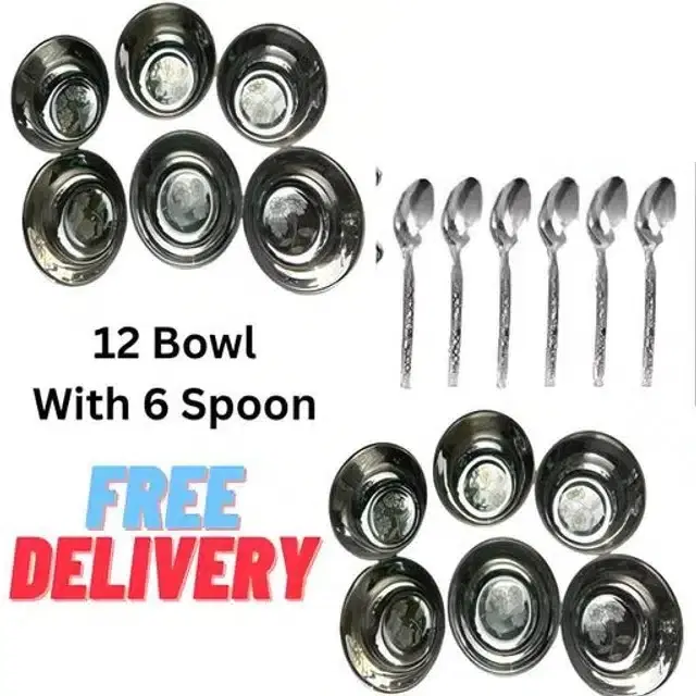 Stainless Steel 12 Pcs Bowls with 6 Pcs Spoon, Silver, Set of 2