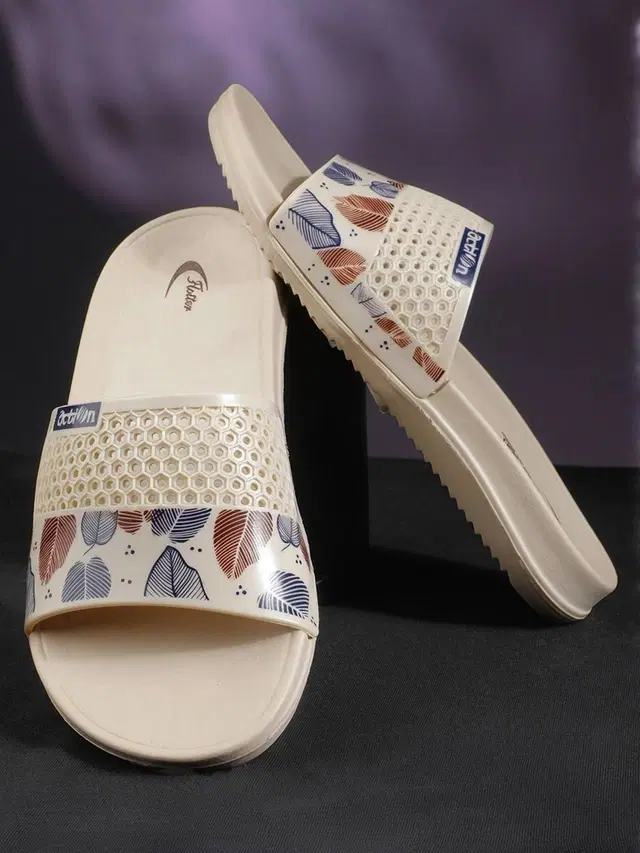 action Casual Slippers for Women (Beige, 5)