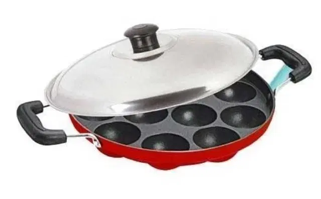 ZODEX 12 Cavities Non Stick Appam Patra with Lid and Side Handle, Multicolor, 21 cm