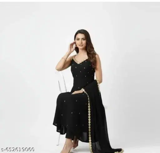 Georgette Embroidered Kurta & Paint & Dupatta Set For Womens, Black (XXL)