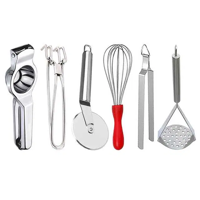 Stainless Steel Lemon Squeezer & Pakkad & Pizza Cutter & Egg Whisk & Roti Chimta & Potato Masher For Kitchen, Set of 6, OC-052