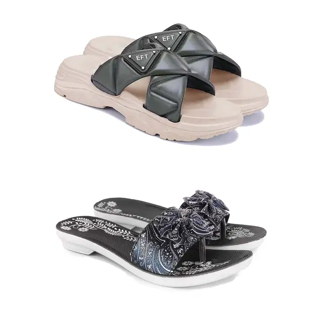 Combo of Sliders & Flats for Women, Set of 2 (Multicolor, 6)