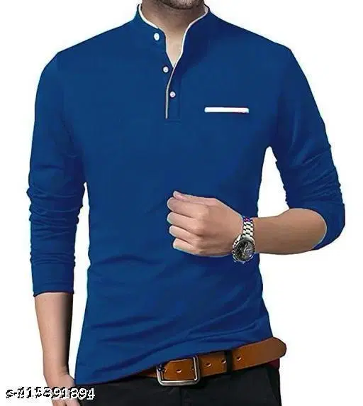 Cotton Blend Solid T-shirt For Men, Blue (M)