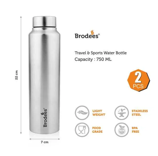 Brodees Neer Stainless Steel Water Bottle, Set Of 2 Pcs, 750 ml Of Each, A-17