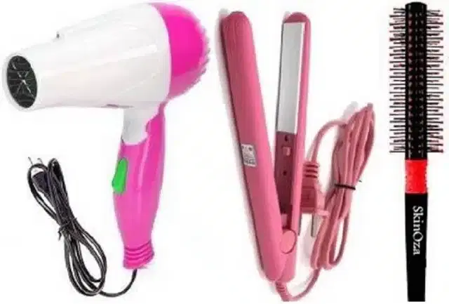 Combo of Hair Straightener with Comb & Hair Dryer for Women, Pink, Pack of 3