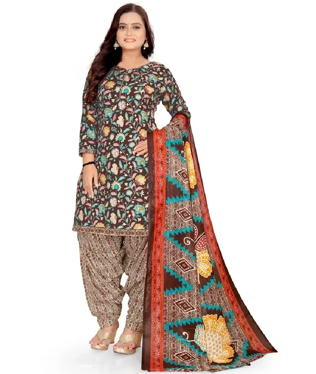 Cotton Blend Floral Print Unstitched Suit with Dupatta for Women (Multicolor)