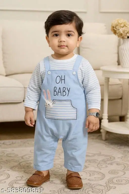 Hosiery Cotton Printed Clothing Set for Kids, Blue & White (0-3 Months)