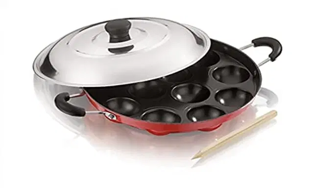 ZODEX 12 Cavities Non Stick Appam Patra with Lid and Side Handle, Multicolor, 21 cm