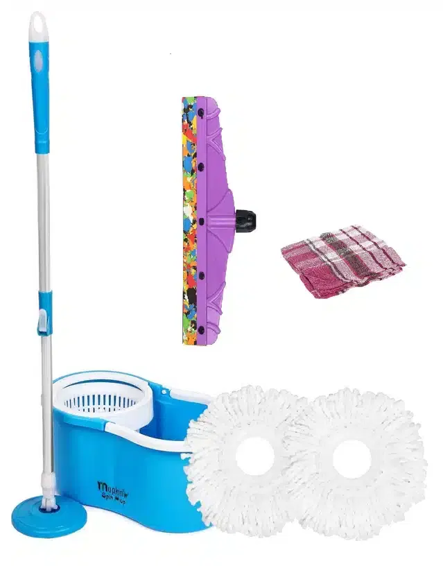 PVC Magic Spin Bucket Mop with 2 Refill & Cleaning Accessories Set, Blue, Set of 3