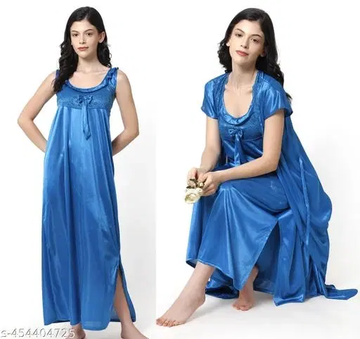 Satin Soft & Attractive Nightdress for Women & Girls , Blue (L)