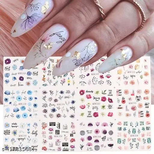 12 Sheets Floral Nail Art Stickers, Multicolor, Set of 1