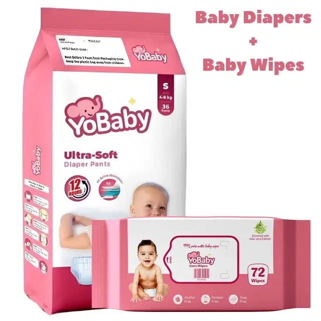 YoBaby Diaper Pants S - 36 Pcs + YoBaby Baby Wipes - 72 Wipes