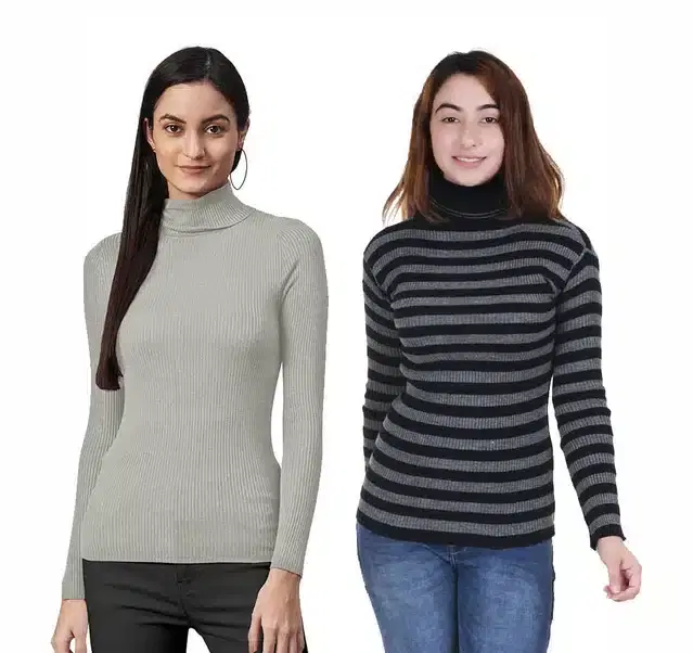 Full Sleeves Solid Sweater for Women, Pack of 2 (Grey, L)