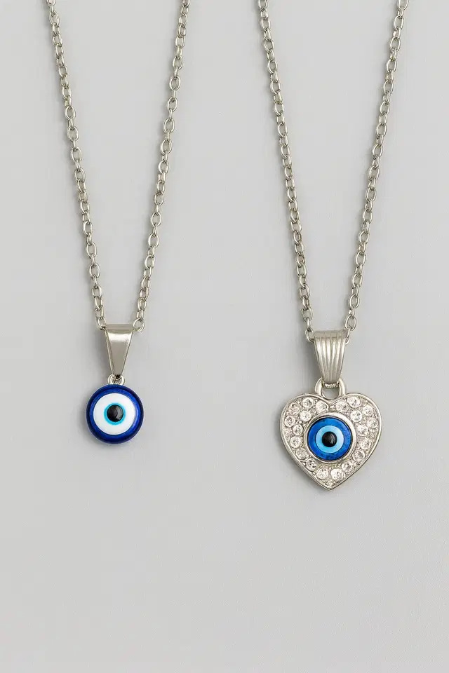 Women's Silver Evil Eye Pendant Necklace Set, Pack of 2, Pack of 2, Pack of 2