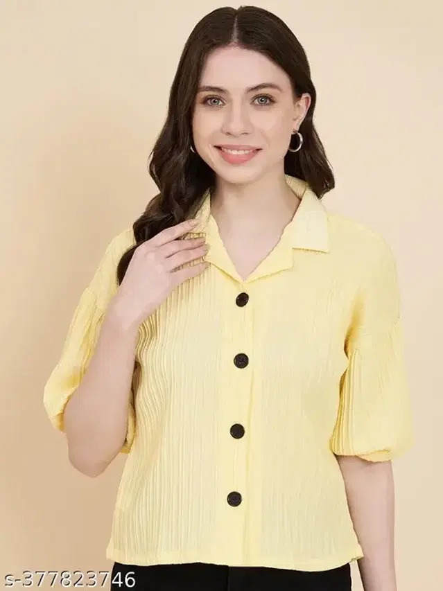 Cotton Blend Solid Shirt for Women (Yellow, L)