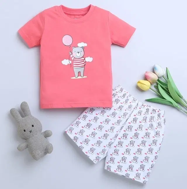 Cotton Blend Printed Clothings Set for Girls,, Red (12-18 Months)