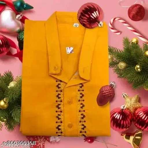 Embroidered Cotton Kurta Set for Men (Yellow, M)