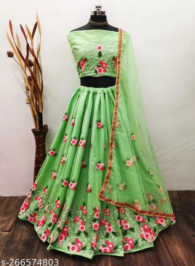 Net Lehenga with Choli & Dupatta for Women (Green, Free Size)