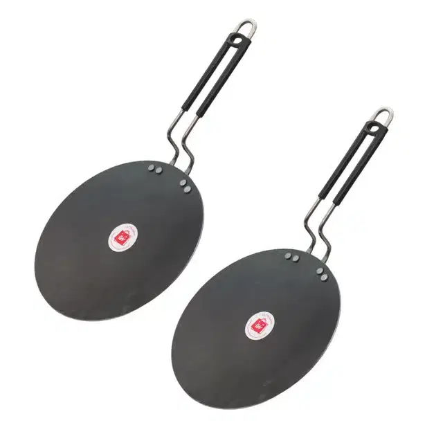 Heavy Iron Tawa with Insulated Handle, Pack of 2, Black, 25 cm