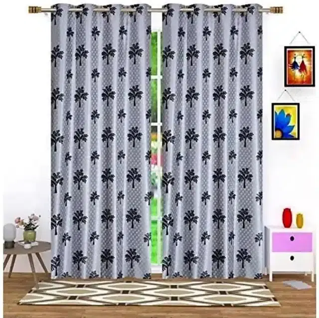 Polyester Printed Window & Door Curtains, Pack of 2, Grey, 5 feet