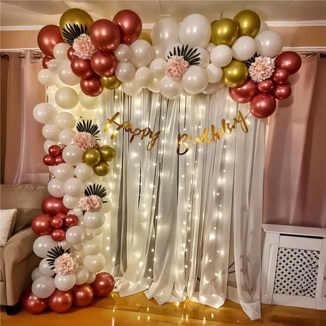 29 Pcs Birthday Decoration Kit, Multicolor with Burgandy white golden balloons, led fairy light, birthday banner and double tape for boys, girls, husband, wife backdrop/ photoshoot party