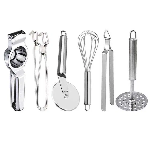 Stainless Steel Lemon Squeezer & Pakkad & Pizza Cutter & Egg Whisk & Roti Chimta & Potato Masher For Kitchen, Set of 6, OC-058