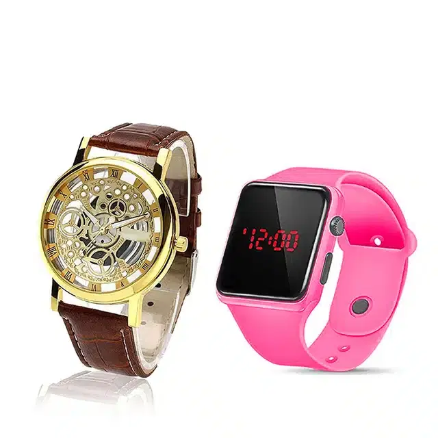 Analog Watch for Men & Women, Pack of 2 (Brown & Pink)