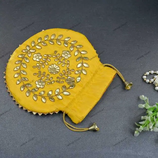 Cotton Silk Ethnic & Traditional Handheld Potli for Women, Yellow, A-44