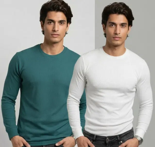 Polyester T-shirt for Men, Teal & White, Pack of 2 (M)