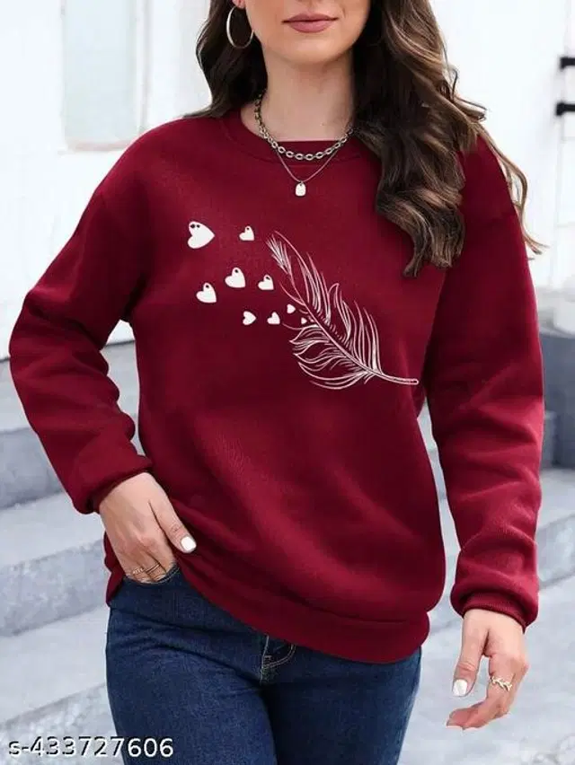 Fleece Printed Sweatshirt for Women (Maroon, S)