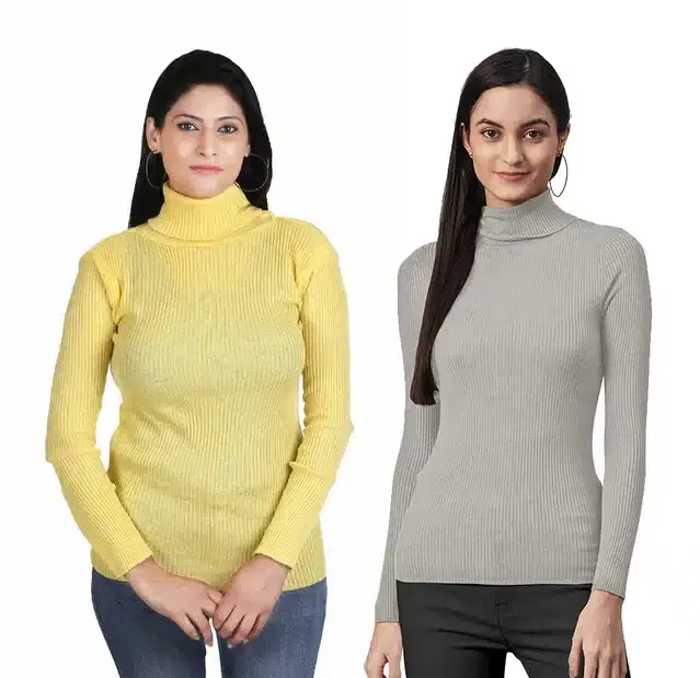 Full Sleeves High Neck Sweater for Women, Pack of 2 (Yellow & Grey, S)