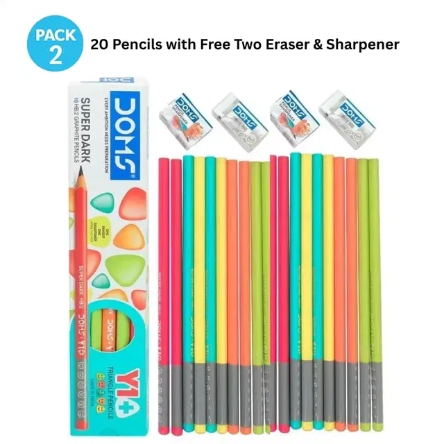 Doms Y 1 + Super Dark HB/2 Graphite 20 Pencils (Pack of 2) Free One Eraser & Sharpner With Each Pack