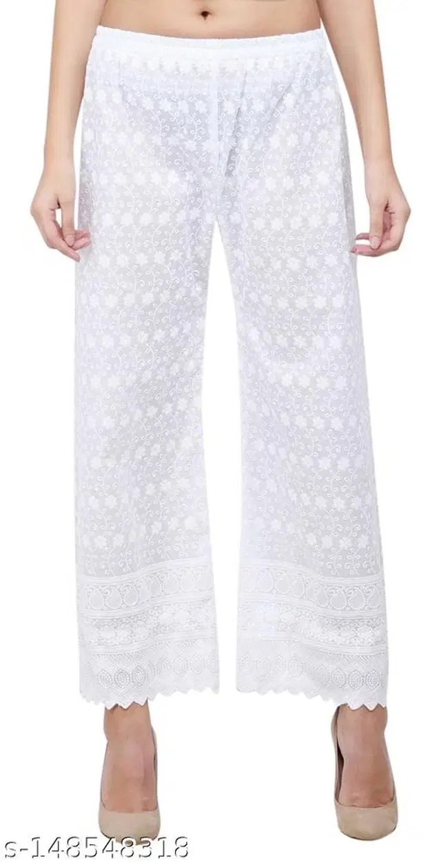 Cotton Blend Palazzos for Women (White, 28)