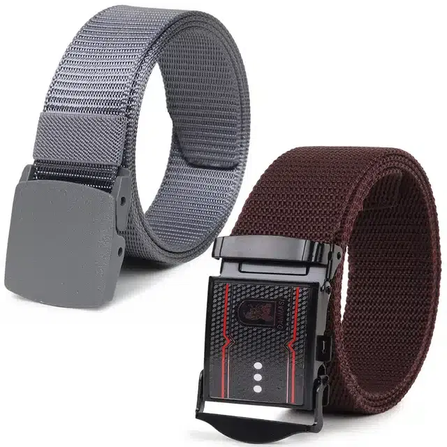 Casual Nylon Belts for Men, Pack of 2 (Grey & Brown)