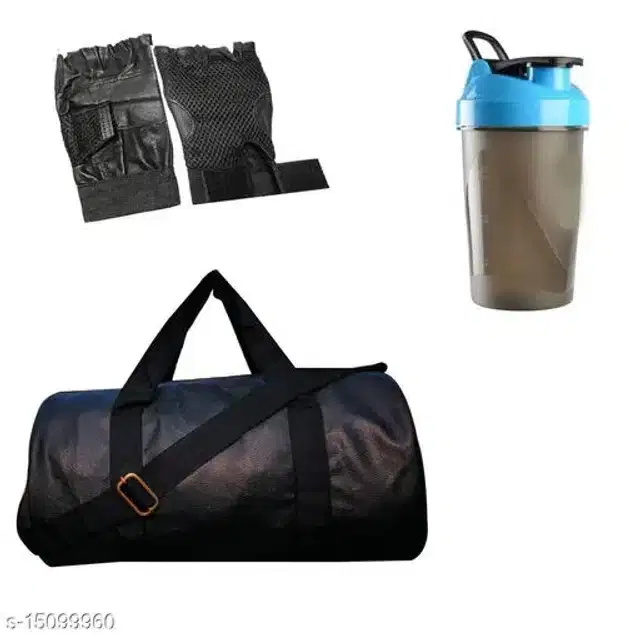 Combo of Gym Bag with Shaker Bottle, 400 ml, Gloves, Multicolor, Set of 3