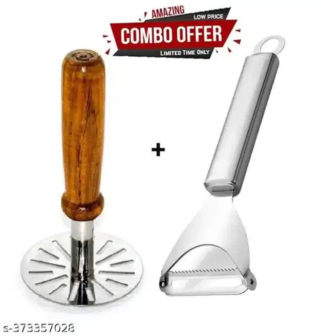 Stainless Steel Masher with Peeler, Silver, Set of 2