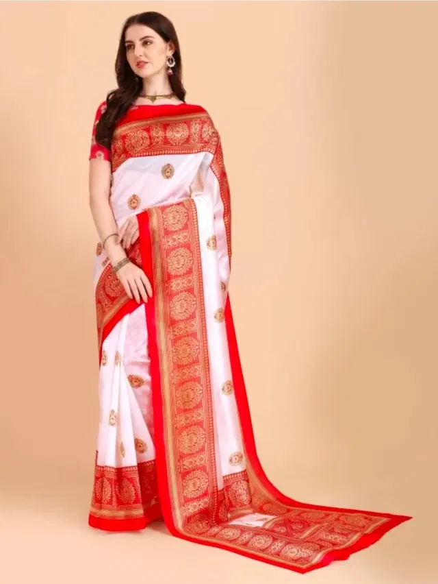 Art Silk Printed Saree for Women (White & Red, 6.3 m)