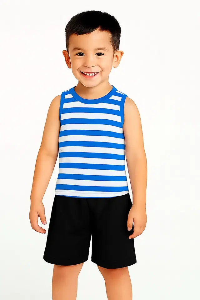 Cotton Stripes Clothing Set for Boys, Blue (6-12 Months)