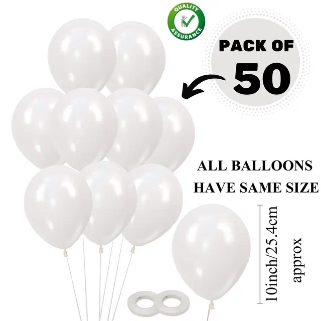 Rubber Premium Metallic Balloons for Party,  White, Pack of 50