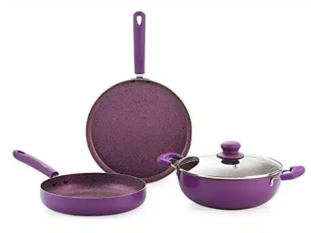 Aluminium Non Stick Tawa, Sauce Pan & Kadahi with Lid, Purple, Set of 3