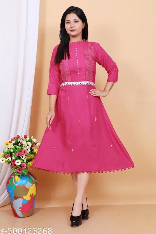 Stylish Neck One Piece Kurti for Women (Pink, XS)