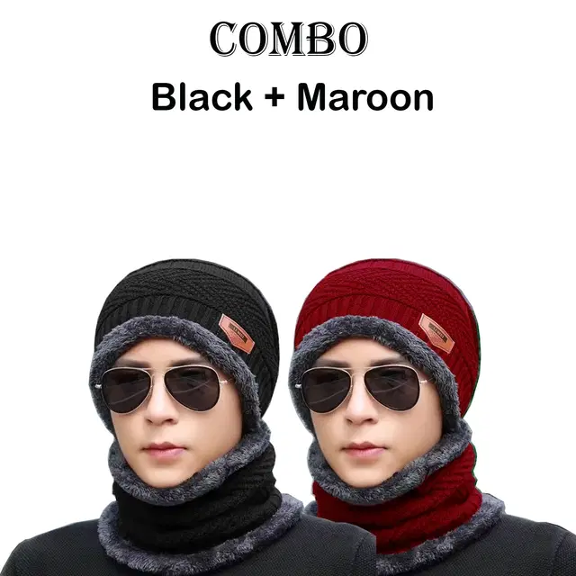 Woolen Caps with Neck Warmers for Men & Women, Pack of 2 (Black & Maroon)