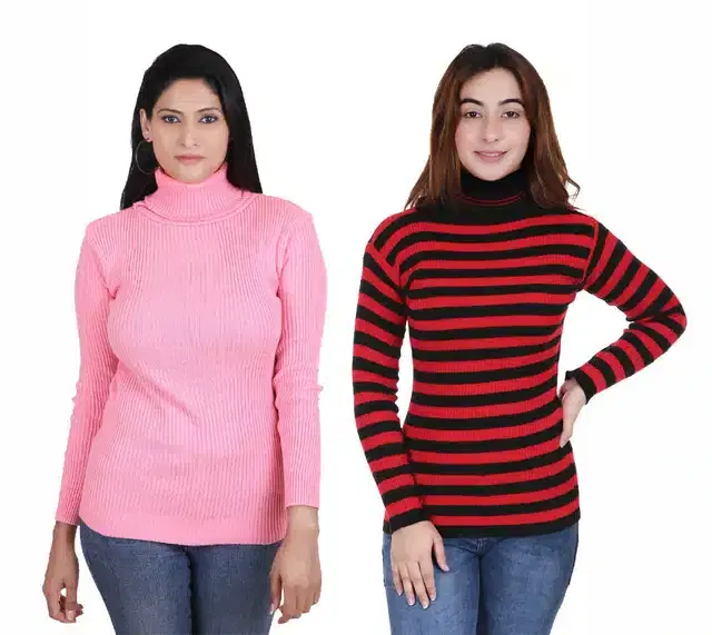 Full Sleeves Solid Sweater for Women, Pack of 2 (Pink & Maroon, M)
