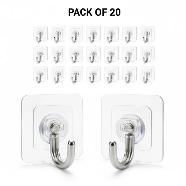 Plastic Wall Hooks, Transparent (Pack of 20)