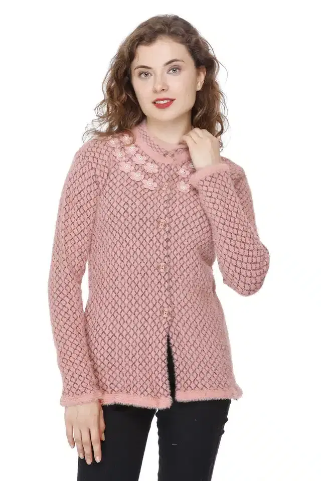 Woolen Embroidered Cardigan for Women (Peach, Free Size)